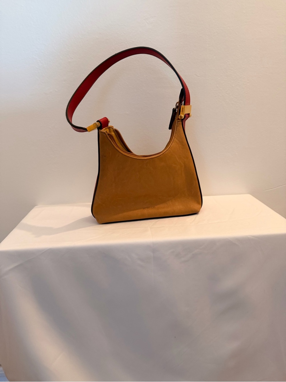 Mustard Leather Shoulder Bag with Red Trim